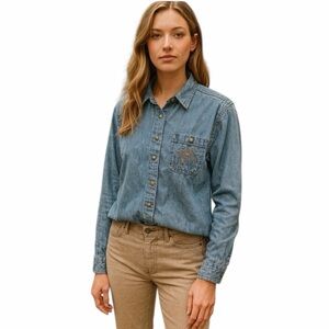 Vtg Christopher & Banks Womens Denim Shirt Turtle Embroidered Nautical Nature L